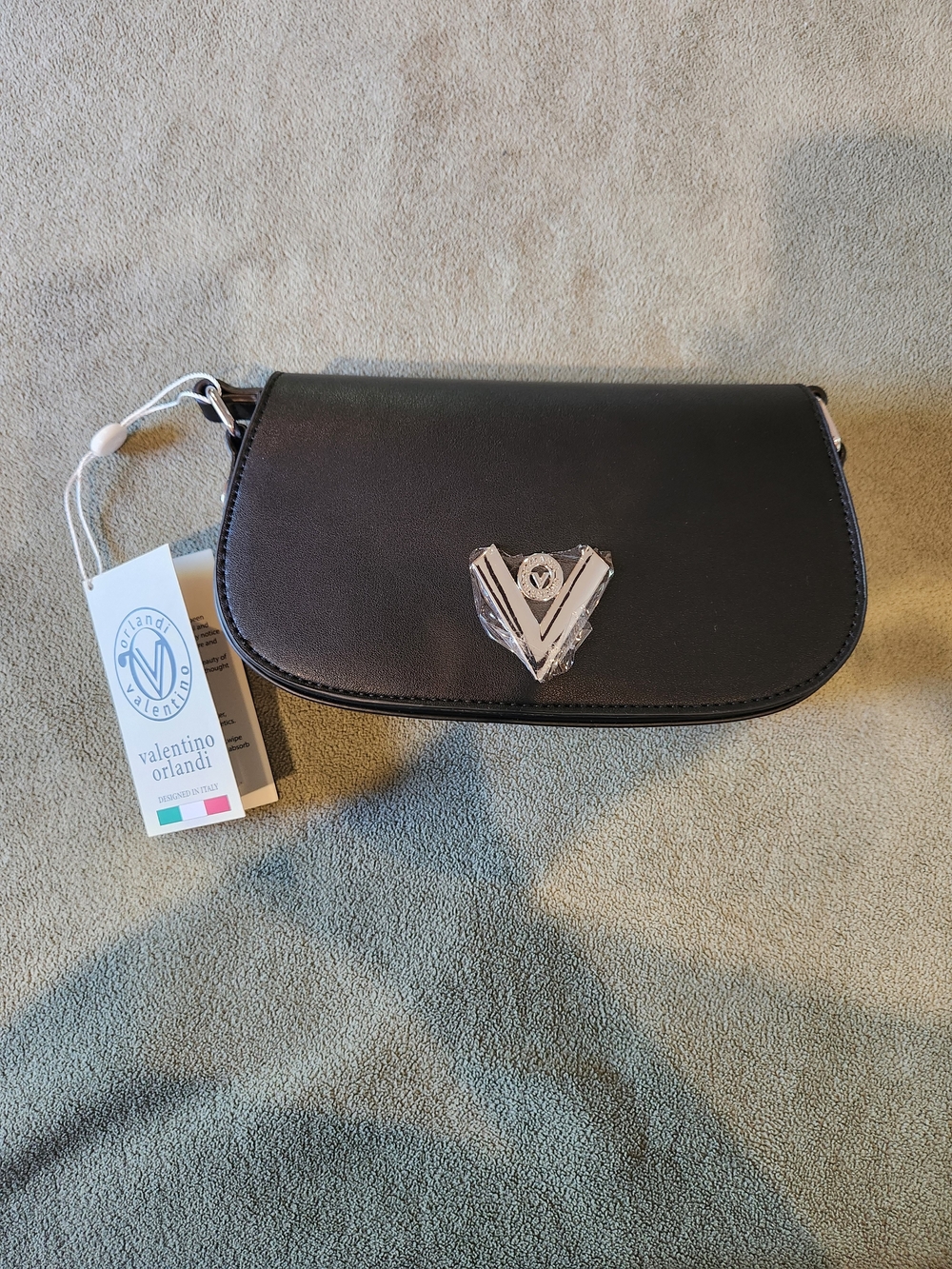 Valentino Orlandi Black Leather Crossbody with Crystal V Accent